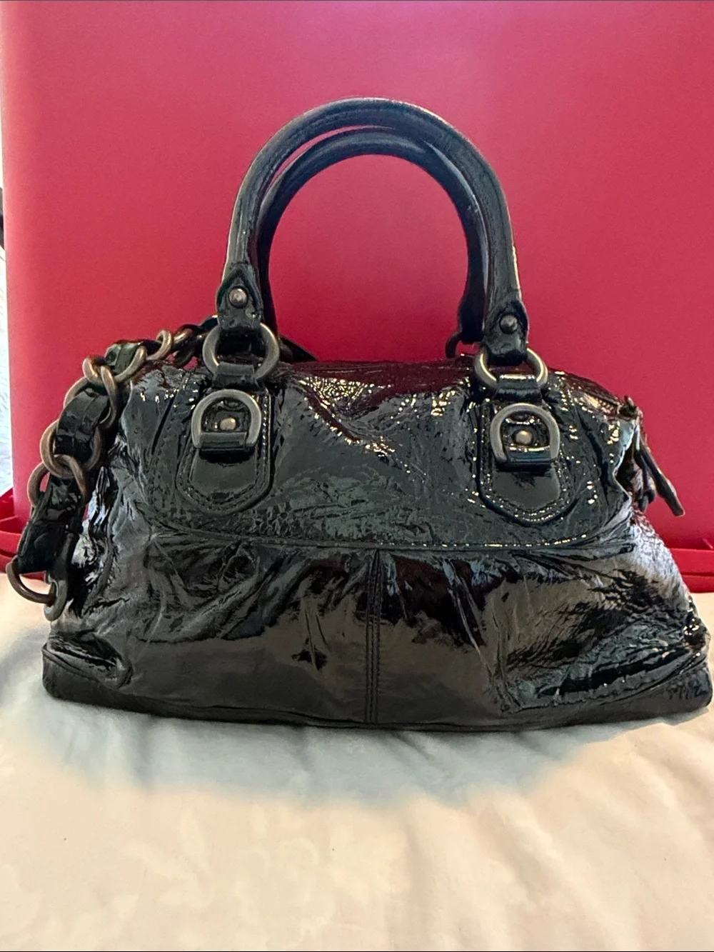 Please message before buying Coach Black Patent Leather Satchel with Chain-Link